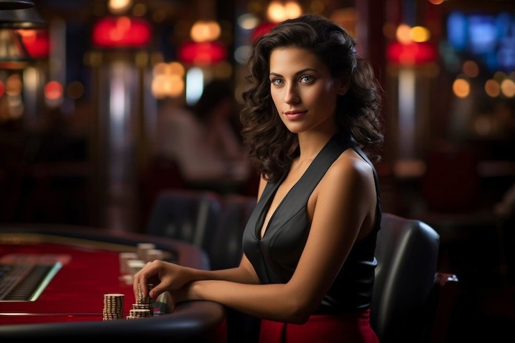Meja blackjack Microgaming dengan dealer dan pemain di studio togel today